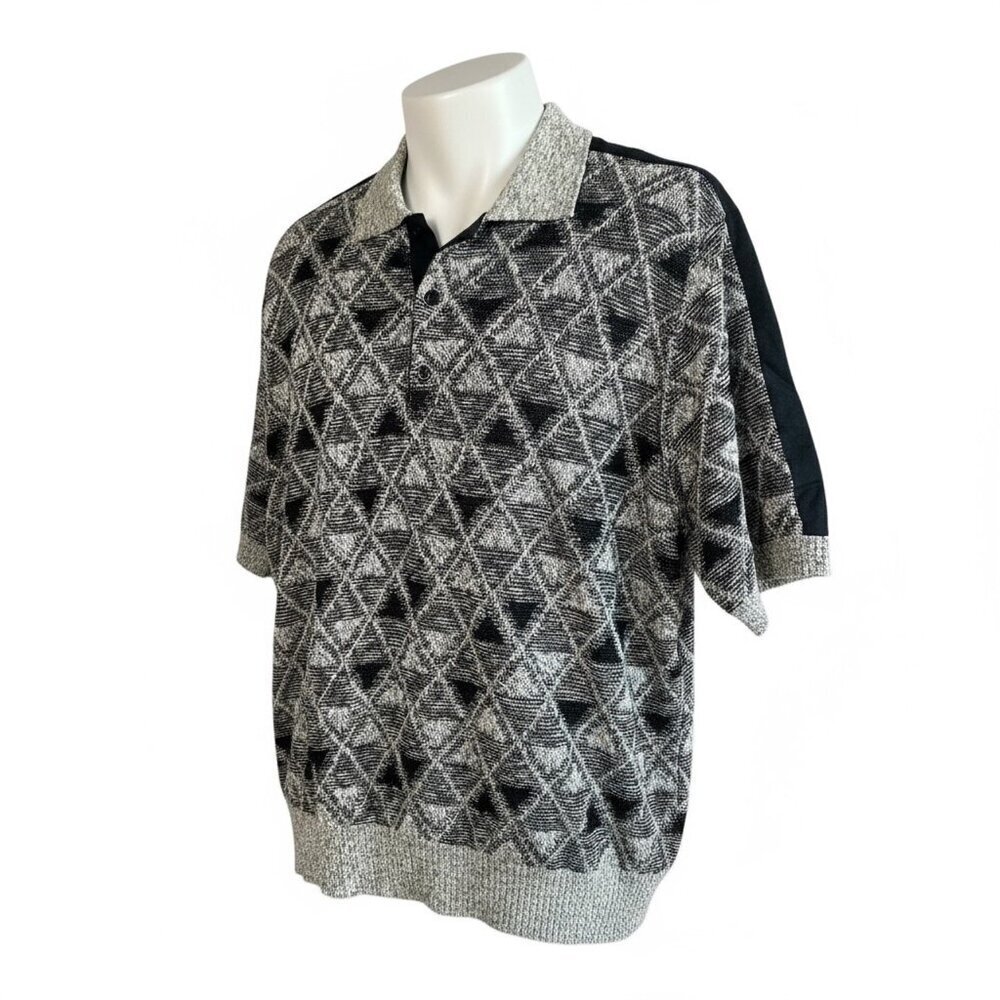 St. Croix Vintage Abstract Black Tan Knit Henley Polo Shirt USA Made Size Large